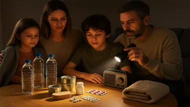 Familia mirando el kit antiapagones iluminándose con una linterna.