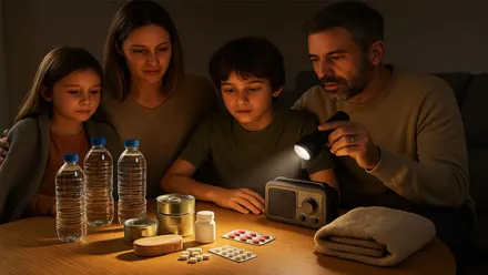 Familia mirando el kit antiapagones iluminándose con una linterna.