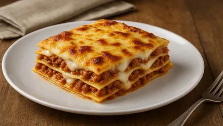 Lasaña en un plato con las capas de pasta y carne más tomate.