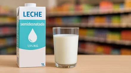 Brick de leche junto a un vaso.