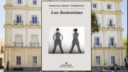 Edificio del Centro y sobreimpresionada la portada del libro "Los Ilusionistas".