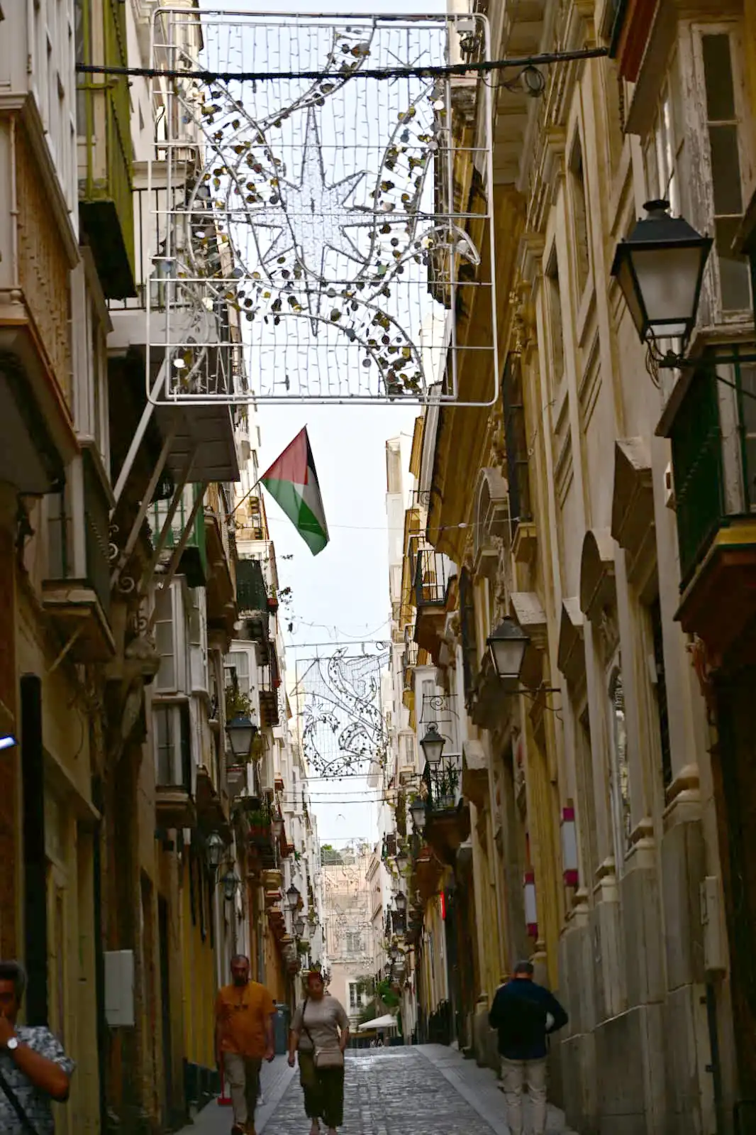 Imagen nocturna de la calle Rosario en Cádiz, con arcos de luces navideñas a lo largo de la vía. En uno de los balcones de las viviendas se distingue una bandera palestina, visible entre las decoraciones luminosas.