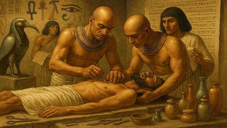 Dos médicos del Antiguo Egipto operan a un paciente sobre una mesa.