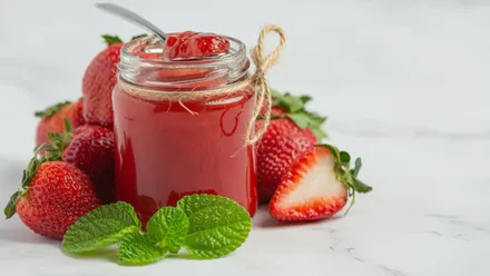Mermelada de fresa y fresas a su alrededor.