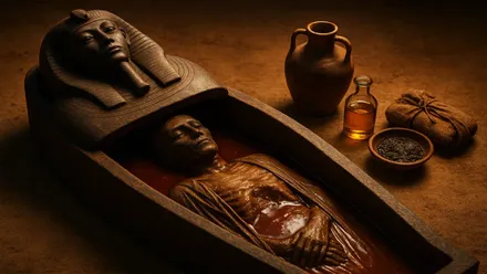 Cuerpo momificado junto a su sarcófago y ofrendas a su lado.