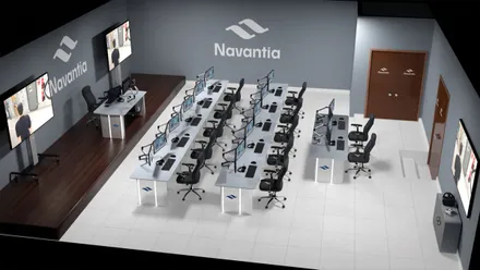 Recreación por ordenador de un aula de enseñanza de Navantia, sillas y pupitres mirando a una pantalla.