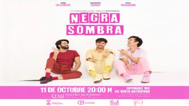 Actores de "Negra Sombra" vestidos de rojo, amarillo y rosa.