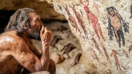 Hombre prehistórico frente a una pared con pinturas rupestres.