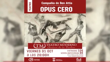 Cartel anunciador de "Opus Cero", en tonos beige y rojizos.