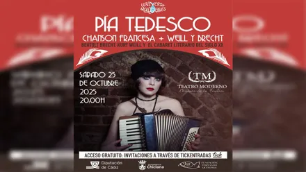 Cartel del espectáculo en tonos marrones y rojizos destacando la imagen de la actriz Pía Tedesco.