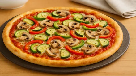 Sabrosa pizza de verduras destacando los champiñones y pimientos.