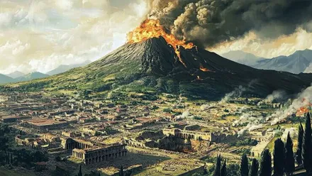 El Vesubio en el momento de la erupción, a sus faldas la ciudad de Pompeya.