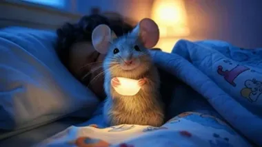 Niño durmiendo y el Ratón Pérez junto a él sosteniendo un diente iluminado.