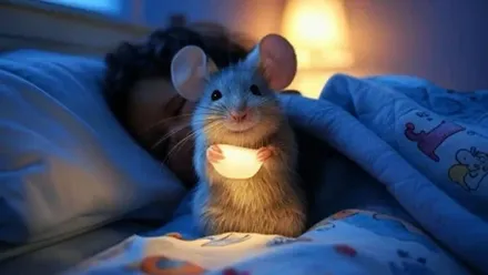 Niño durmiendo y el Ratón Pérez junto a él sosteniendo un diente iluminado.