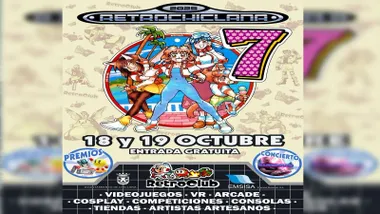Cartel del evento de juegos retro con personajes de época.