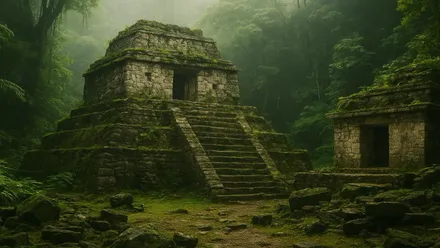 Ruina cubierta de musgo en representación idealizada de Sak-Bahlán.