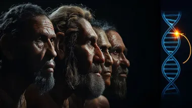 Rostros de Neandertales y Sapiens frente a una cadena de ADN en azul.