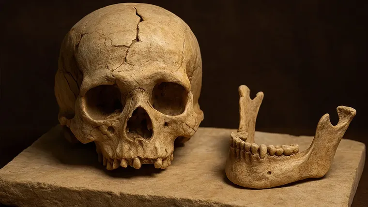 Cráneo y mandíbula sobre tabla de piedra y fondo negro.