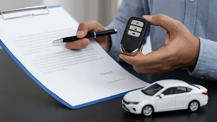 COntrato de un seguro de automóvil con un hombre sosteniendo una llave de un vehículo y un coche blanco de juguete al lado.