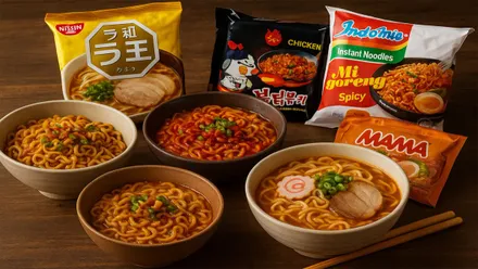 Diferentes tazones con sopas instantáneas y paquetes de las mismas.