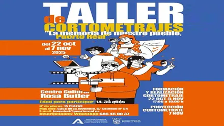Cartel en tonos azules y anaranjados del taller de cortometrajes en Puerto Real.