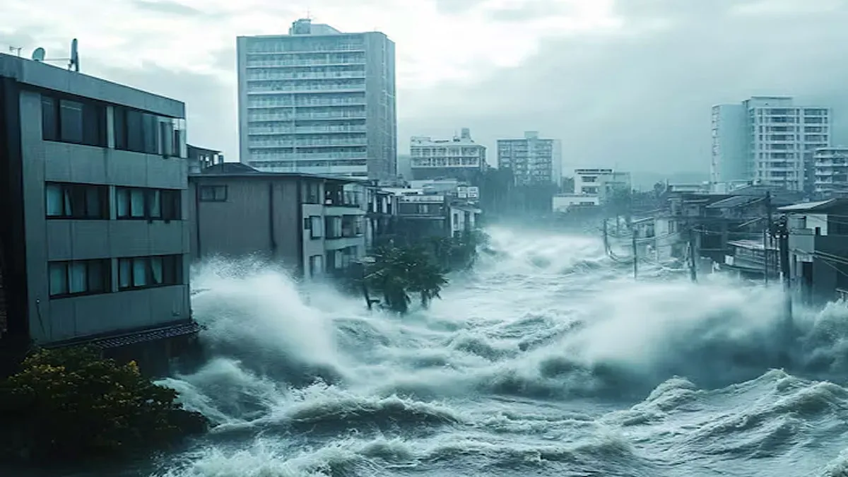 Agua inundando una calle de una ciudad.