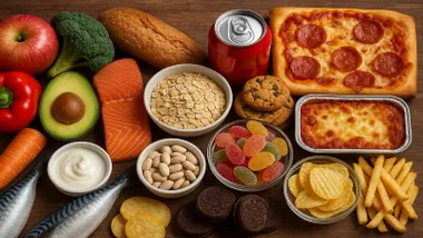 Diferentes alimentos, unos son naturales y otros ultraprocesados.