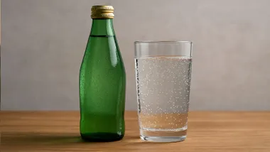 Botella verde y vaso con agua con gas.