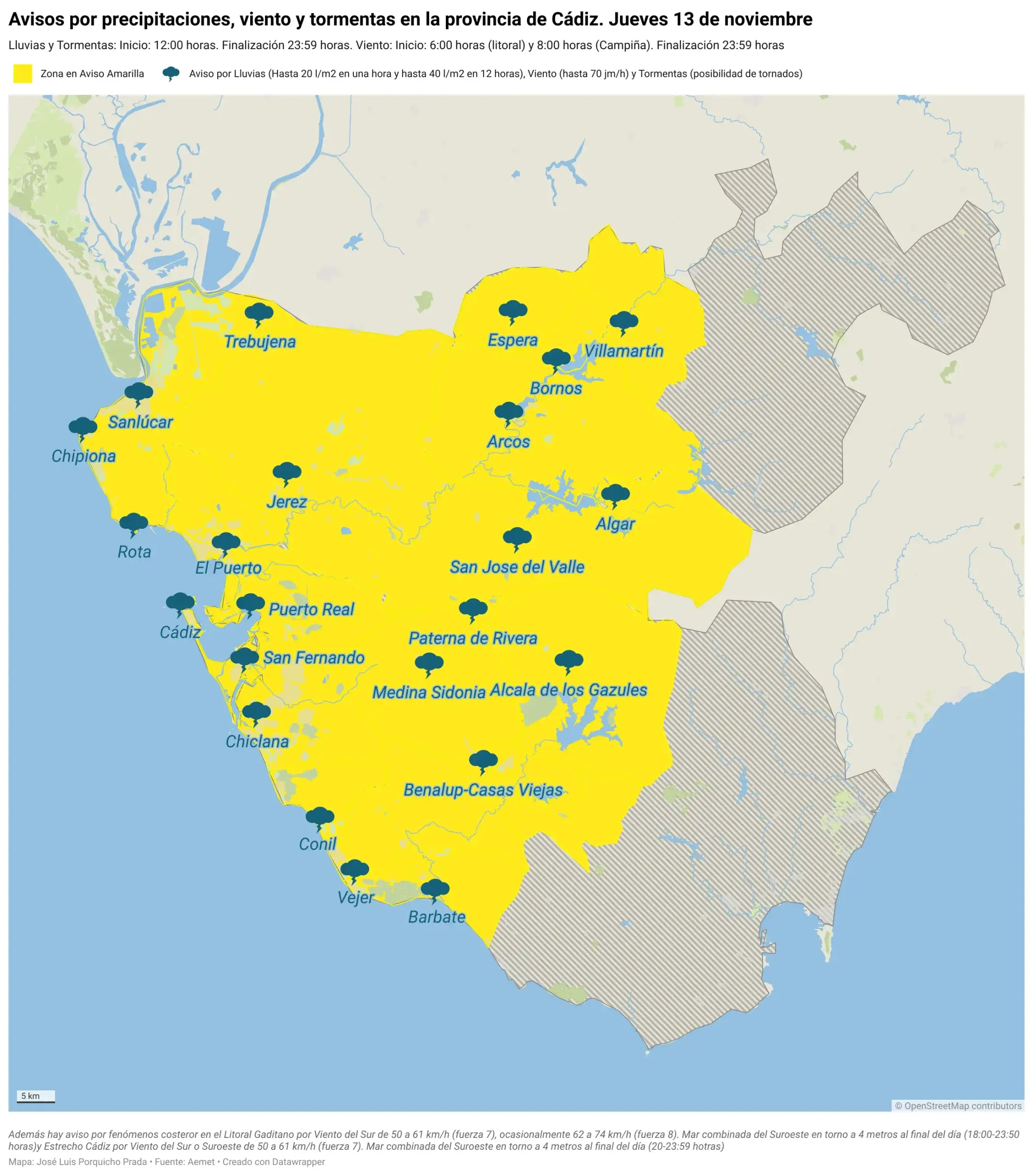 La borrasca Claudia ya se deja notar en la provincia de Cádiz con avisos amarillos