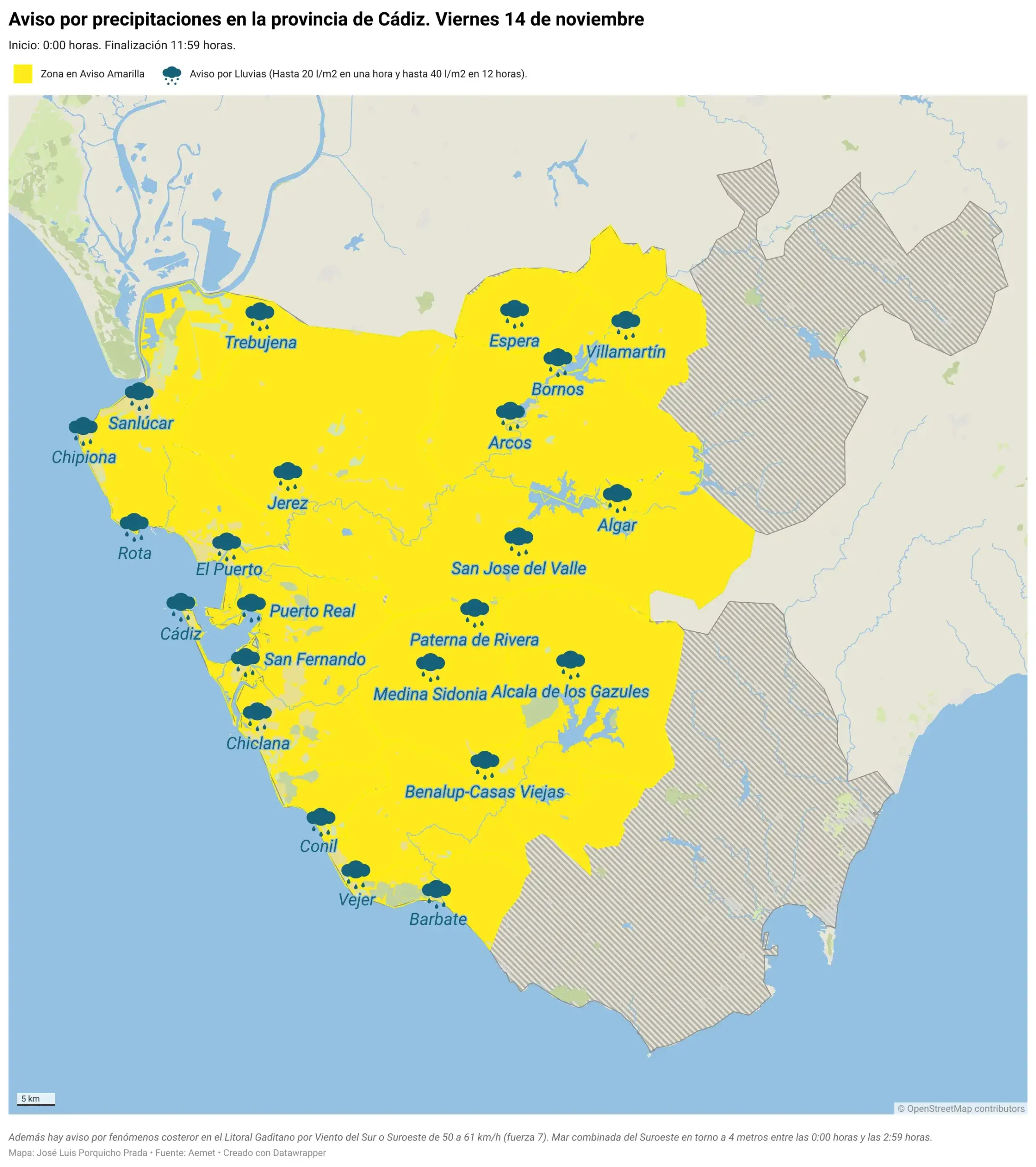 La borrasca Claudia ya se deja notar en la provincia de Cádiz con avisos amarillos