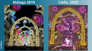 Los parecidos alumbrados de Navidad de la calle Larios de Málaga en2019 y de la Plaza de San Juan de Dios de Cádiz en 2025. Foto: redes sociales y Eulogio García.