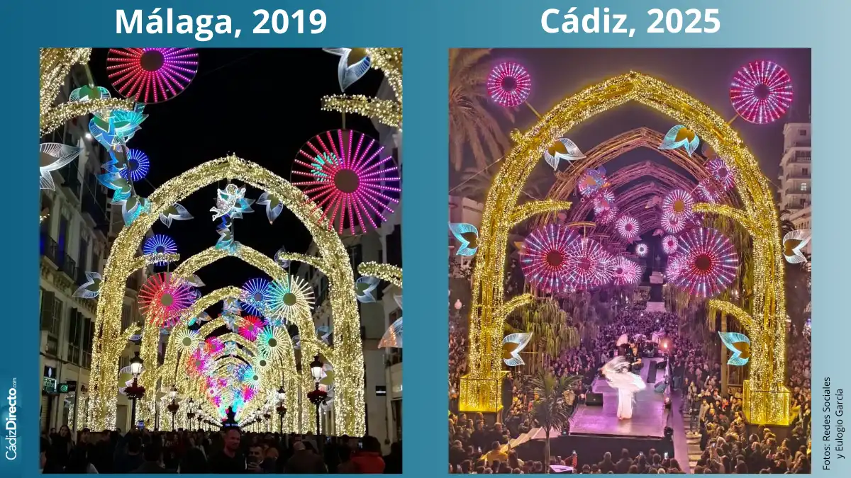 Los parecidos alumbrados de Navidad de la calle Larios de Málaga en 2019 y de la Plaza de San Juan de Dios de Cádiz en 2025. Foto: redes sociales y Eulogio García.