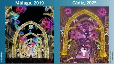 Los parecidos alumbrados de Navidad de la calle Larios de Málaga en 2019 y de la Plaza de San Juan de Dios de Cádiz en 2025. Foto: redes sociales y Eulogio García.