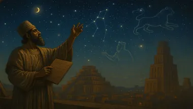 Construcciones babilónica, un astrónomo y las constelaciones en el cielo.