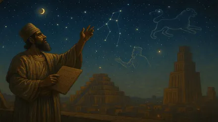 Construcciones babilónica, un astrónomo y las constelaciones en el cielo.