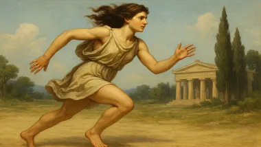 Mujer corriendo con un fondo griego.