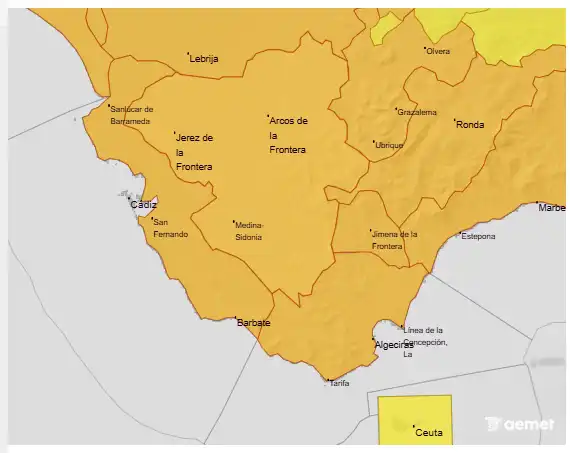 Avisos naranjas este miércoles en la provincia de Cádiz por lluvias y tormentas con riesgo de granizo y tornados