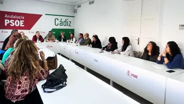 Mesa blanca con muchas personas participando en la reunión sobre la Ayuda a Domiclio, se lee un cartel de "PSOE" en rojo y otro verde que pone "Cádiz".