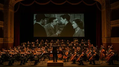 Una orquesta en un teatro interpretando bandas sonoras con una pantalla de cine de fondo.
