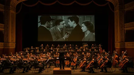 Una orquesta en un teatro interpretando bandas sonoras con una pantalla de cine de fondo.