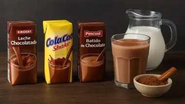 Diferentes batidos de chocolate en su envase marrón menos uno de ellos en color amarillo.