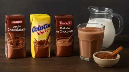 Diferentes batidos de chocolate en su envase marrón menos uno de ellos en color amarillo.
