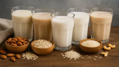 Vasos con bebidas se soja, avena o de arroz.