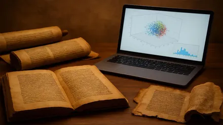 Ordenador portátil con estadística gráfica en pantalla y texto bíblicos en pergamino.