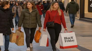Tres mujeres de compras con bolsas del Black Friday.