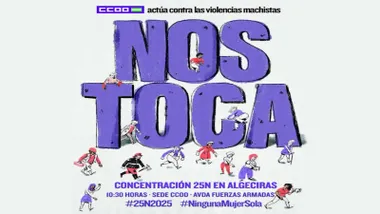 Cartel blanco con letras moradas sobre la violencia machista, se lee en letras moradas "Nos toca".