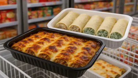 Dos bandejas con canelones, una horneada y la otra por hornear.