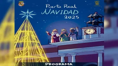 Dibujo dl programa de Navidad en Puerto Real, los Reyes Magos desde el balcón del Ayuntamiento miran a un luminoso árbol navideño.