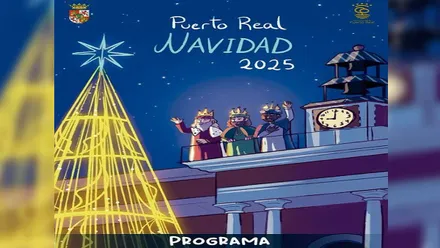 Dibujo dl programa de Navidad en Puerto Real, los Reyes Magos desde el balcón del Ayuntamiento miran a un luminoso árbol navideño.