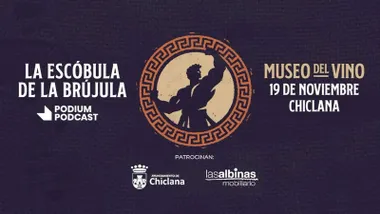 Cartel anunciador en tonos morados con la silueta de Hércules en el centro con grecas.